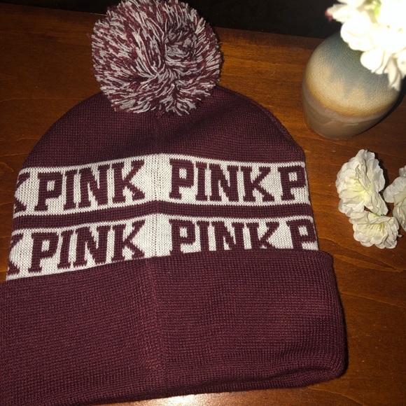 PINK Victoria's Secret Accessories - VICTORIAS SECRET Pink BEANIE HAT CAP POM POM